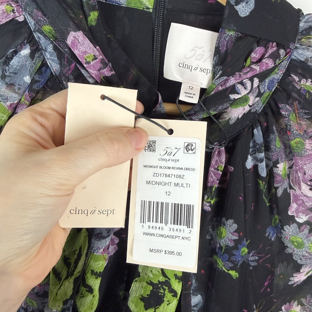 NWT Cinq a Sept Midnight Bloom Revina Dress Size 12 Dark Floral Tie Neck Tiered - Picture 7 of 15